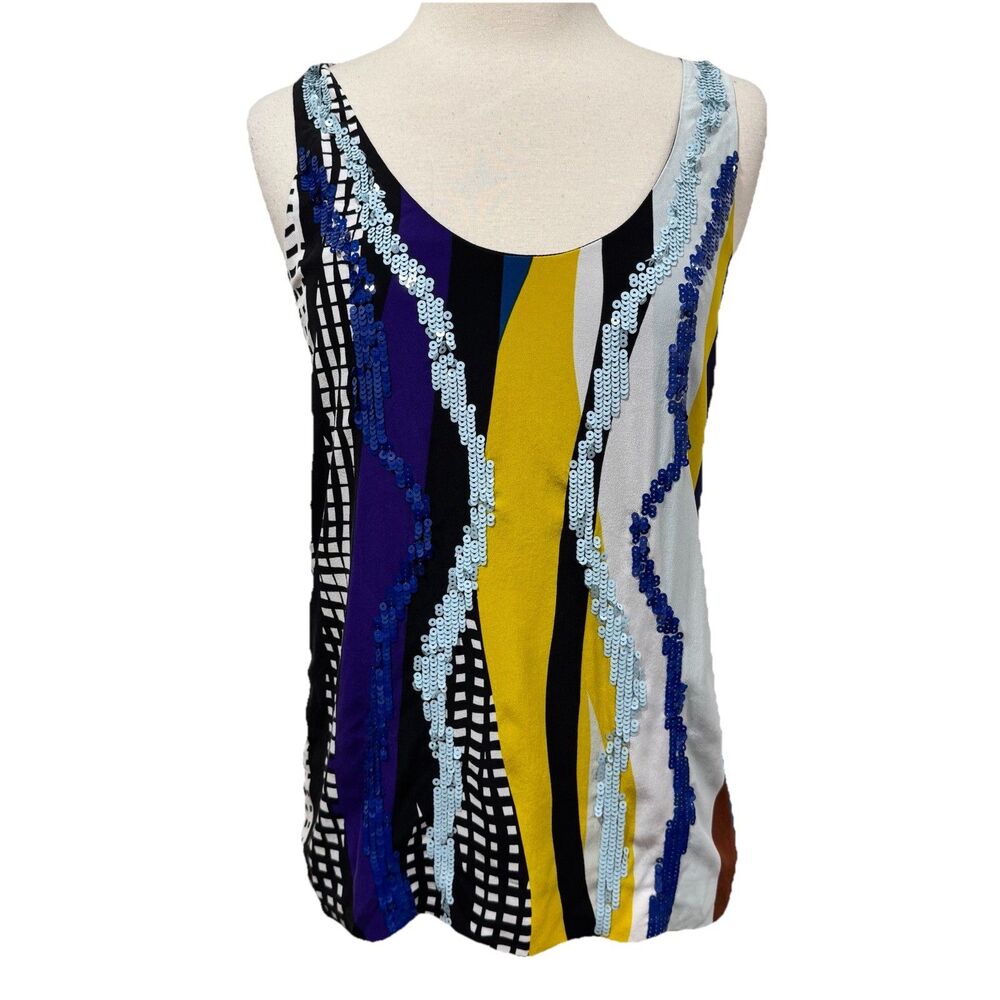 Diane von Furstenberg Glass Patch Jackie Sequin Silk Top Petite Small Tank